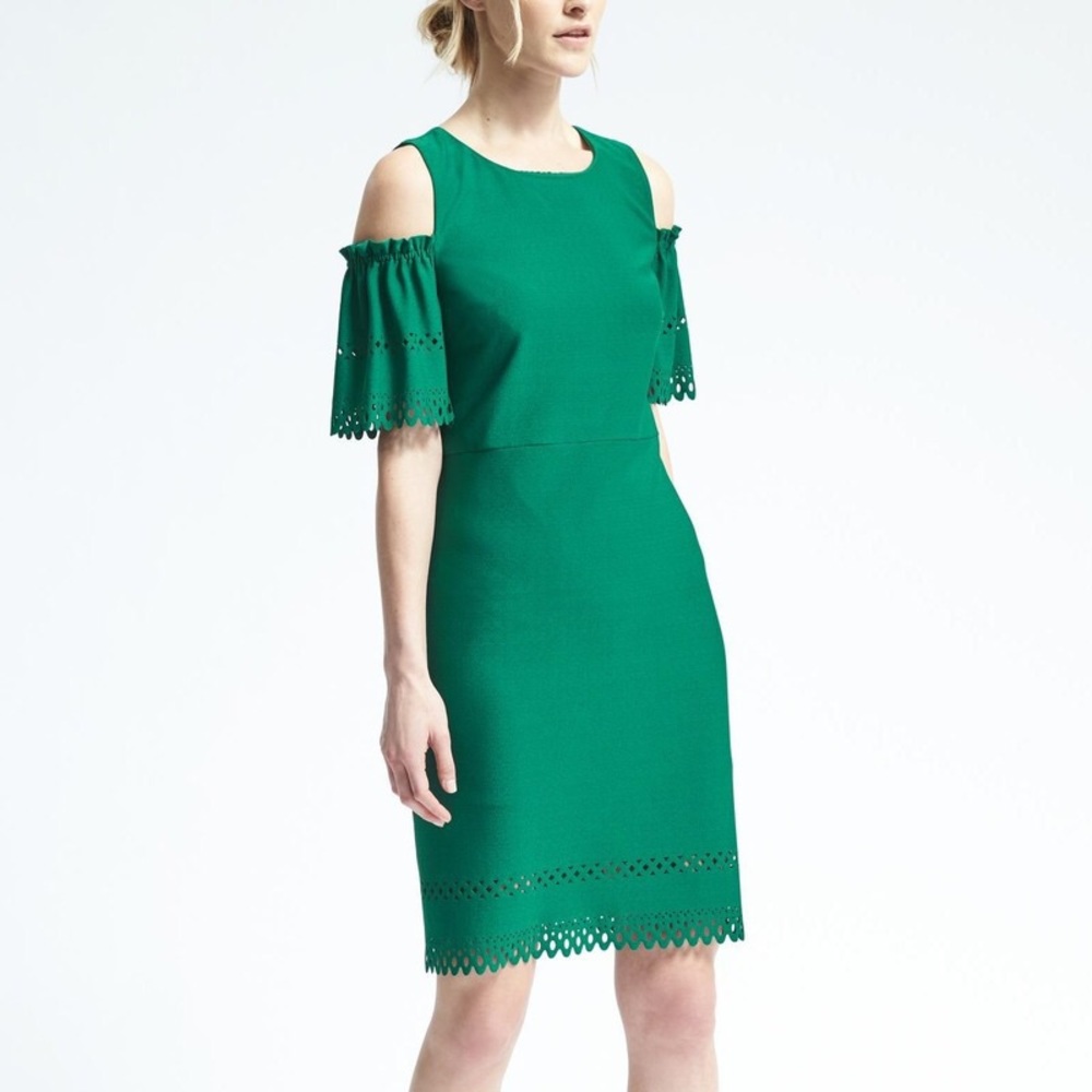 BR laser cut crepe cold shoulder dress size L